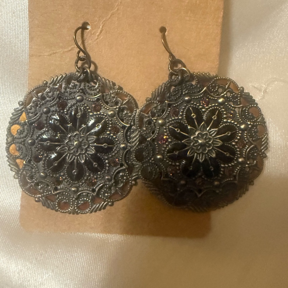 Intricate Gun medal  and Gold Filigree Earrings